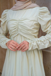 Büzgülü Poplin Elbise Fıstık Yeşil