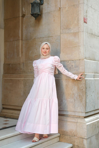 Büzgülü Poplin Elbise Pembe