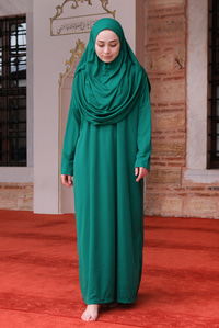 CANTALI TEK PARCA NAMAZ ELBISESI  ZUMRUT YESIL