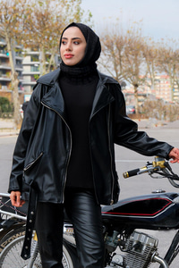 Çapraz Fermuarlı Gömlek Yaka Deri Ceket Siyah