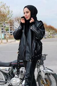 Çapraz Fermuarlı Gömlek Yaka Deri Ceket Siyah