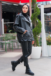 Çapraz Fermuarlı Gömlek Yaka Deri Ceket Siyah