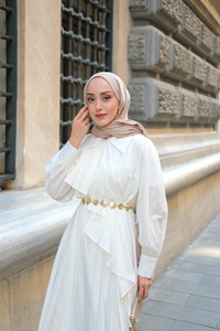 Çapraz Volanlı Vual Elbise Beyaz