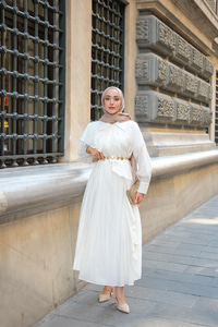 Çapraz Volanlı Vual Elbise Beyaz