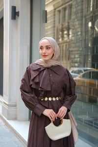 Çapraz Volanlı Vual Elbise Kahverengi