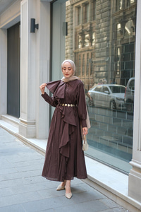 Çapraz Volanlı Vual Elbise Kahverengi