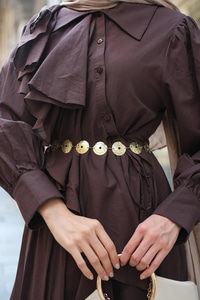 Çapraz Volanlı Vual Elbise Kahverengi