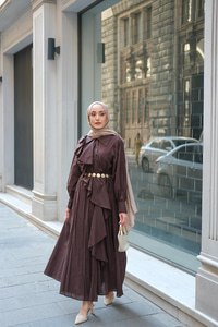 Çapraz Volanlı Vual Elbise Kahverengi