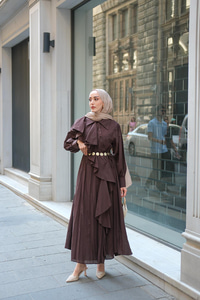 Çapraz Volanlı Vual Elbise Kahverengi