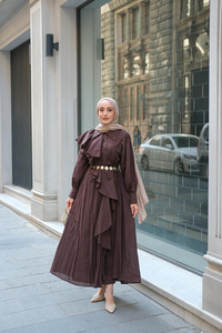 Çapraz Volanlı Vual Elbise Kahverengi