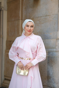 Çapraz Volanlı Vual Elbise Pembe