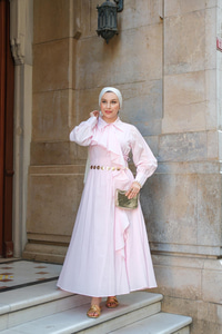 Çapraz Volanlı Vual Elbise Pembe