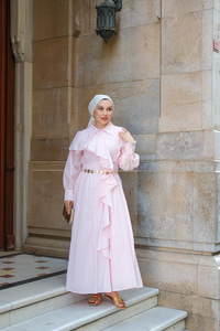 Çapraz Volanlı Vual Elbise Pembe