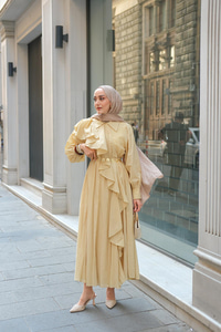 Çapraz Volanlı Vual Elbise Sarı