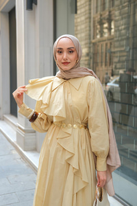 Çapraz Volanlı Vual Elbise Sarı