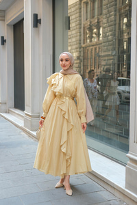 Çapraz Volanlı Vual Elbise Sarı