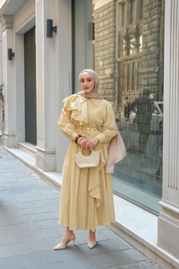 Çapraz Volanlı Vual Elbise Sarı