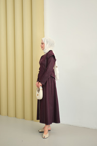 Çarpraz Fermuar Detaylı Dikiş Detay Etekli Takım Mor