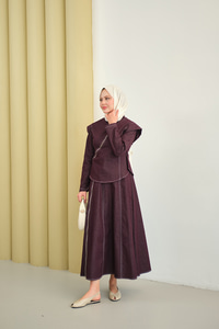 Çarpraz Fermuar Detaylı Dikiş Detay Etekli Takım Mor