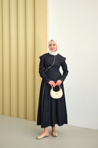 Çarpraz Fermuar Detaylı Dikiş Detay Etekli Takım Lacivert