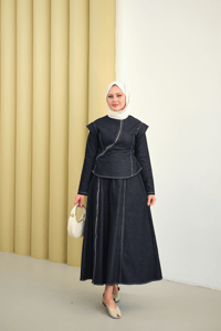 Çarpraz Fermuar Detaylı Dikiş Detay Etekli Takım Lacivert