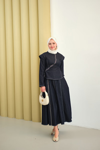 Çarpraz Fermuar Detaylı Dikiş Detay Etekli Takım Lacivert