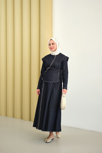 Çarpraz Fermuar Detaylı Dikiş Detay Etekli Takım Lacivert