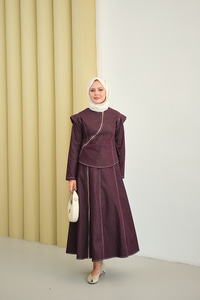 Çarpraz Fermuar Detaylı Dikiş Detay Etekli Takım Mor