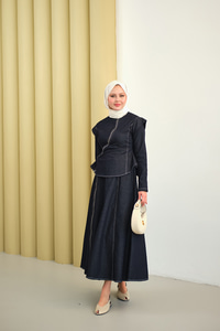 Çarpraz Fermuar Detaylı Dikiş Detay Etekli Takım Lacivert