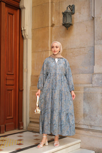 Cassime Desenli Elbise Petrol Mavi