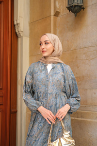 Cassime Desenli Elbise Petrol Mavi