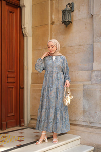 Cassime Desenli Elbise Petrol Mavi