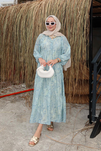 Cassime Desenli Elbise Turkuaz