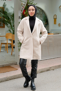 Ceket Yaka Yanlardan Cepli Buklet Kaban Bej