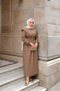 Ceketli Poplin Elbise Kahverengi