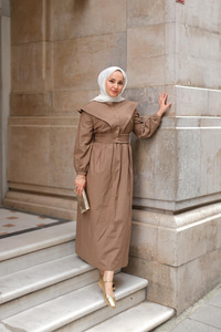 Ceketli Poplin Elbise Kahverengi