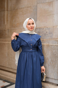 Ceketli Poplin Elbise Lacivert