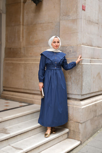 Ceketli Poplin Elbise Lacivert