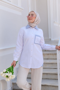 Cep Çizgi Detay Gömlek Beyaz