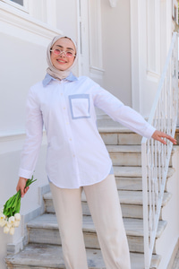 Cep Çizgi Detay Gömlek Beyaz