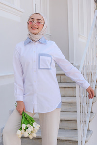 Cep Çizgi Detay Gömlek Beyaz