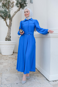 Cep Detay Bel Bağlamalı Elbise  Saks Mavi