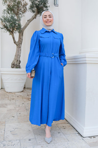 Cep Detay Bel Bağlamalı Elbise  Saks Mavi