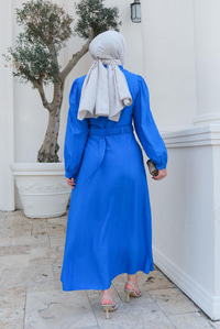 Cep Detay Bel Bağlamalı Elbise  Saks Mavi