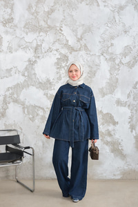 Cep Detay Bel Bağlamalı Kot Takım Lacivert