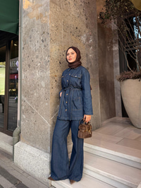 Cep Detay Bel Bağlamalı Kot Takım Lacivert