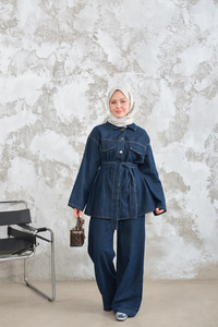 Cep Detay Bel Bağlamalı Kot Takım Lacivert