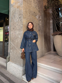 Cep Detay Bel Bağlamalı Kot Takım Lacivert