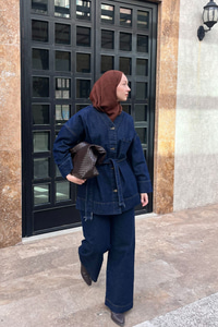 Cep Detay Bel Bağlamalı Kot Takım Lacivert