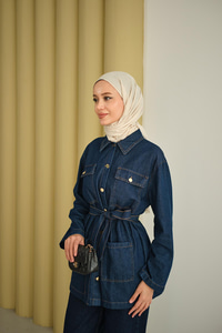 Cep Detay Bel Bağlamalı Kot Takım Lacivert